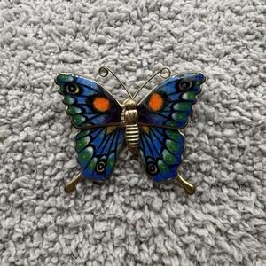 Vintage Enamel Butterfly Brooch Gold Tone Blue Green Orange Statement Pin